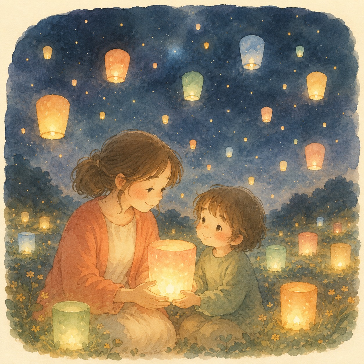 親子でランタンのあかりを灯すイラスト