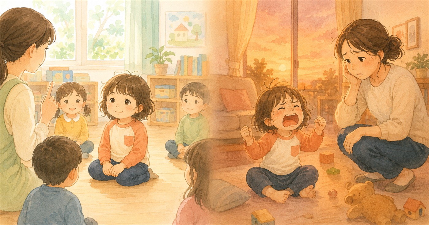外ではいい子、家では崩れる子とお母さんのイラスト