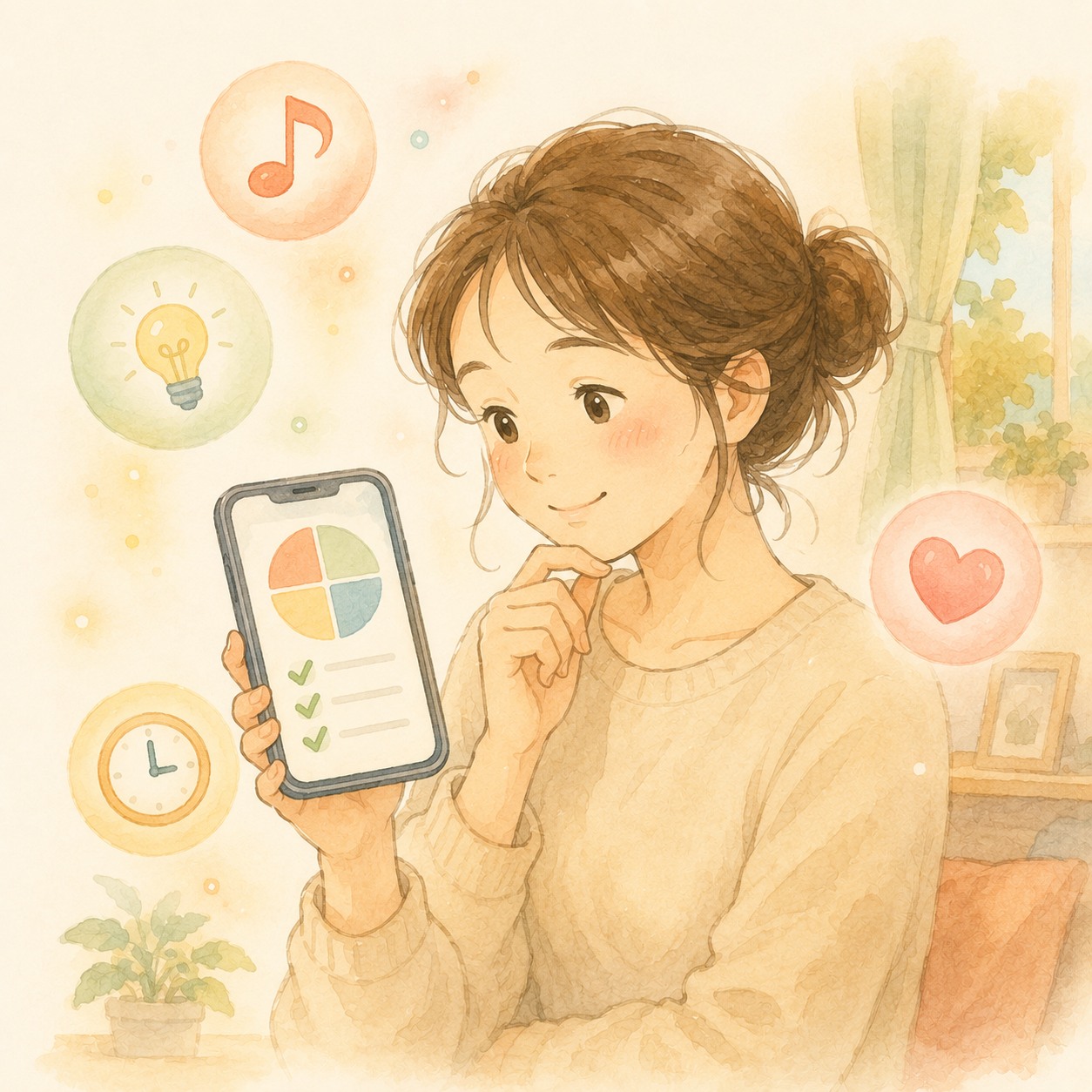 スマホで診断結果を見てほっとするお母さんのイラスト